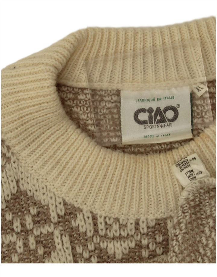 Ciao Herren-Pullover mit Rundhalsausschnitt, XL, beige, geometrische Wolle