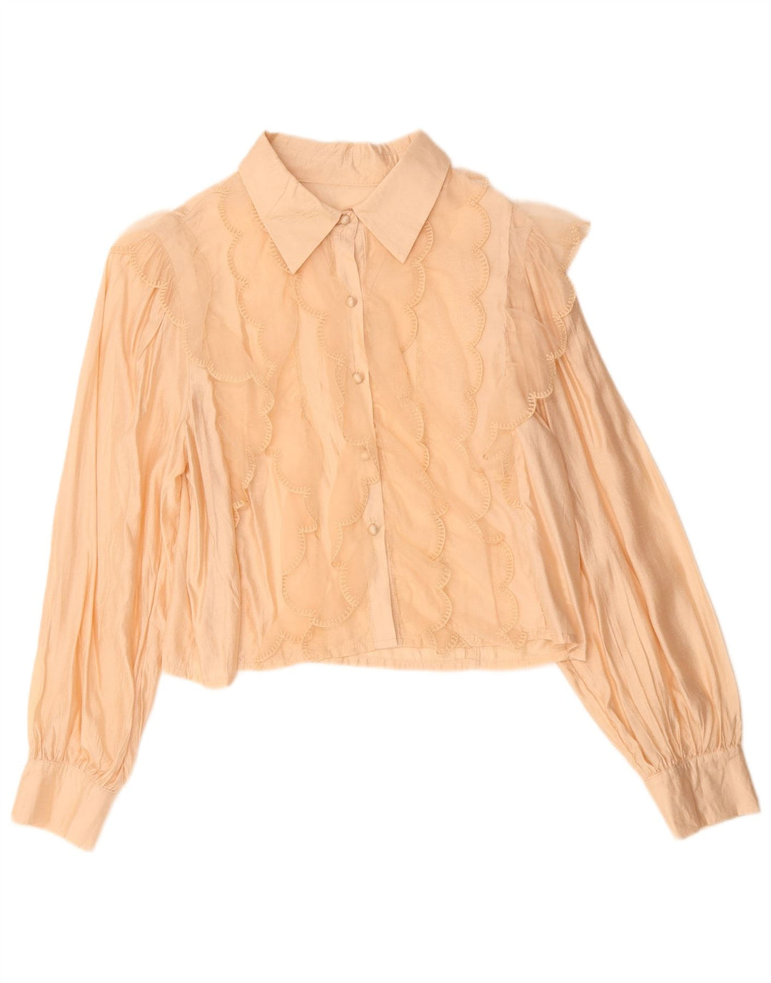 Vintage Damen Crop Rüschen Front Hemdbluse UK 14 Mittelbeige Viskose