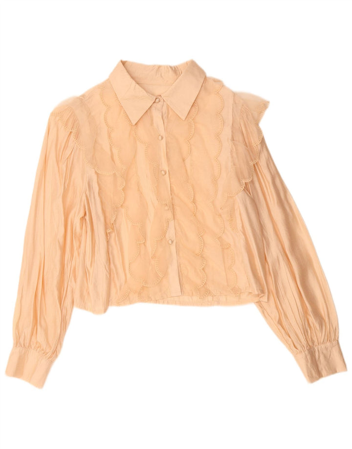 Vintage Damen Crop Rüschen Front Hemdbluse UK 14 Mittelbeige Viskose