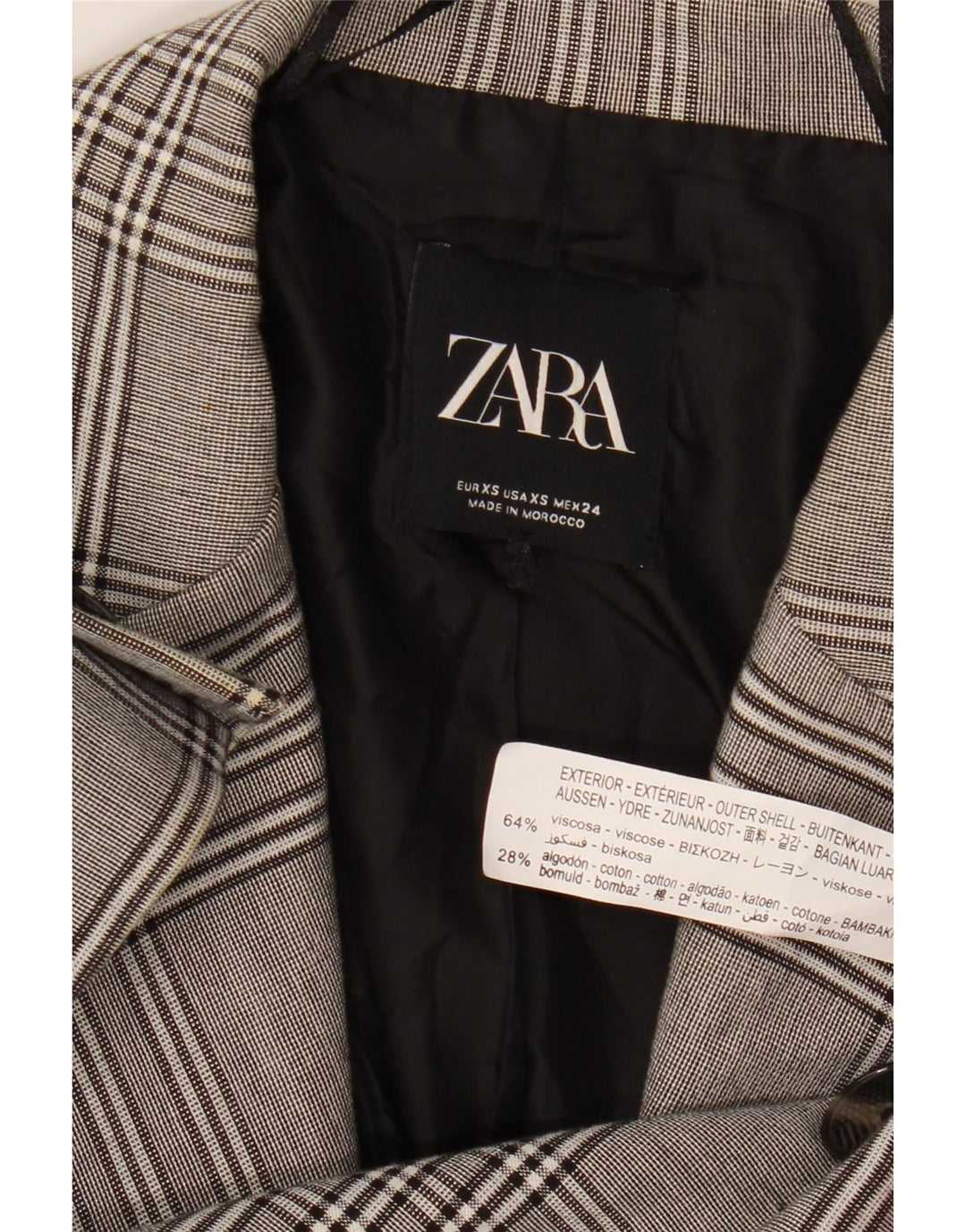 Zara Damen-Blazer mit 2 Knöpfen, übergroß, Gr. 6, XS, grau karierte Viskose