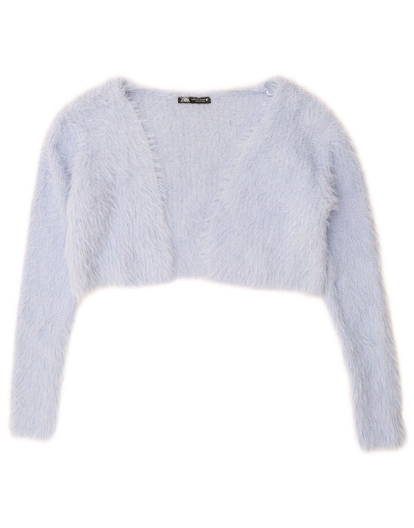 Zara Damen Crop Bolero Cardigan Pullover UK 10 Small Blue Nylon