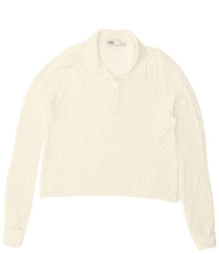 Zara Damen Durchsichtiges Crop Top Langarm UK 14 Large Weiß