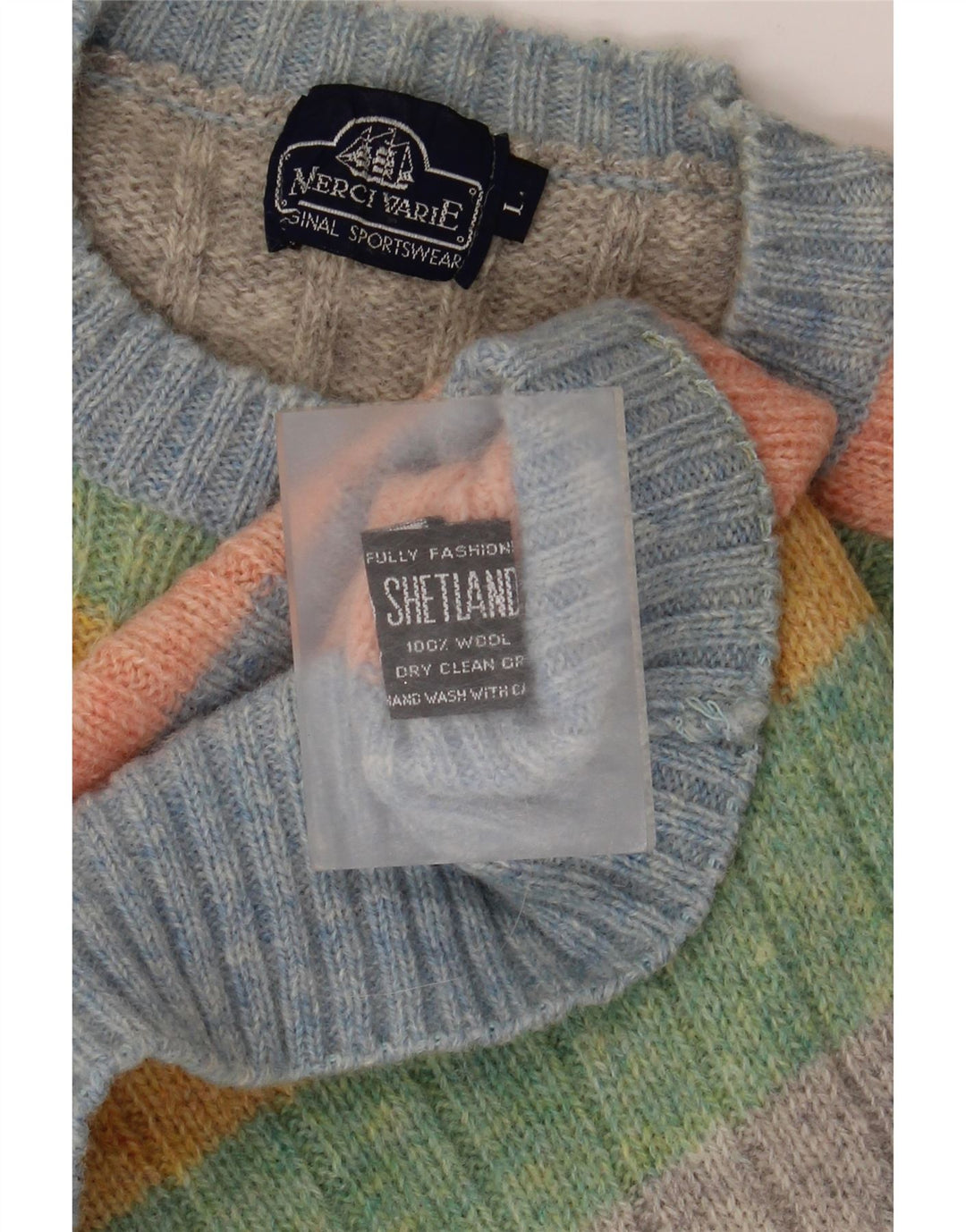 Vintage Herren-Pullover mit Rundhalsausschnitt, große, mehrfarbig gestreifte Wolle