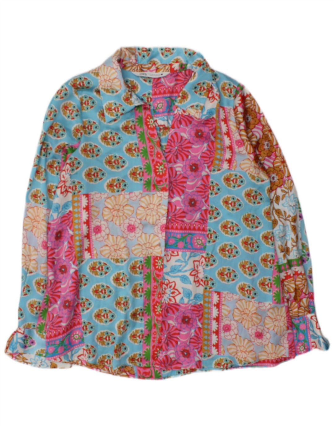 Zara Damen Langarm-Blusenoberteil UK 14 Medium Mehrfarbig Patchwork