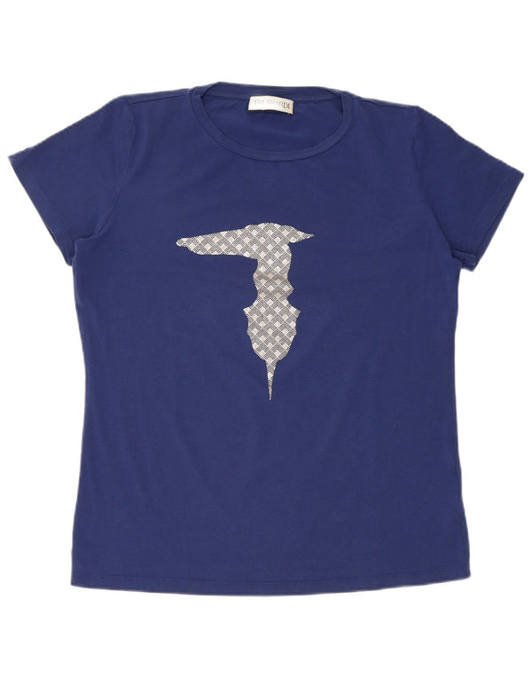 Trussardi Damen Grafik-T-Shirt-Oberteil UK 16 Large Blau Baumwolle
