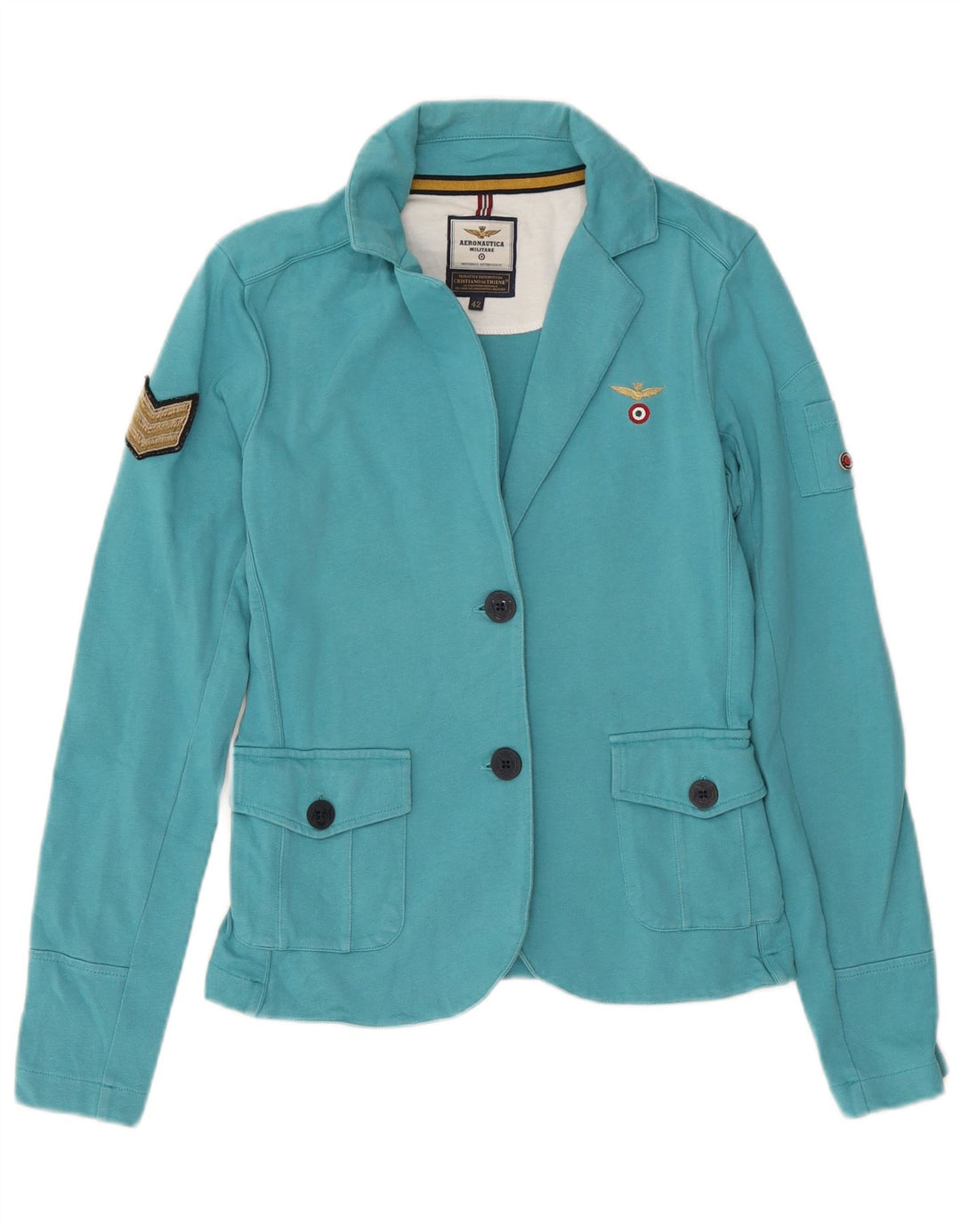 Aeronautica Militare Damen 2-Knopf-Blazerjacke IT 42 Mittelblaue Baumwolle