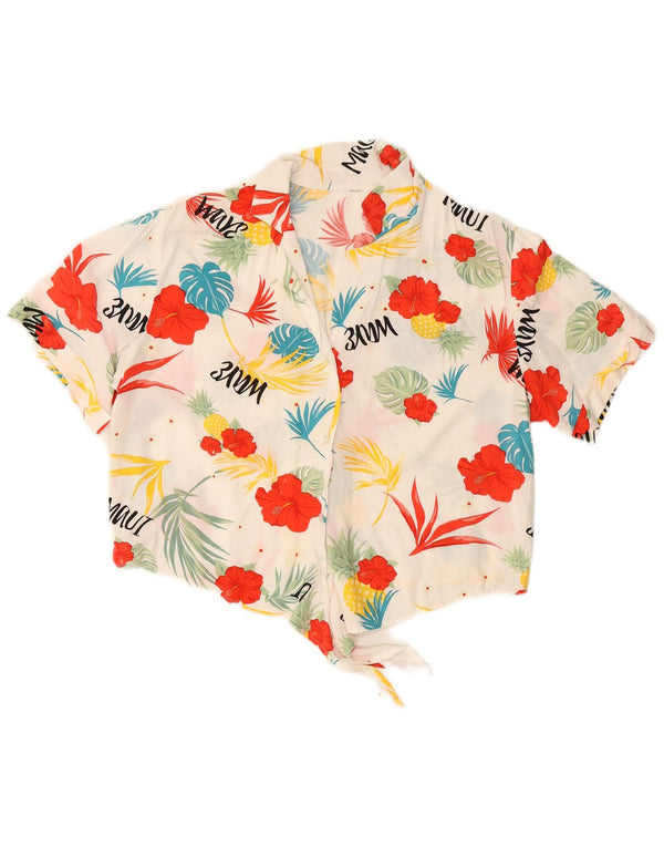 VINTAGE Damen Crop Front Tie Shirt Bluse UK 16 Großes weißes Blumenmuster