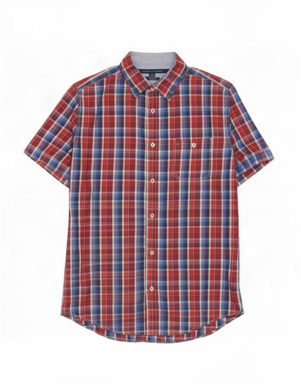 Tommy Hilfiger Mens Short Sleeve Custom Fit Shirt Medium Red Check Cotton