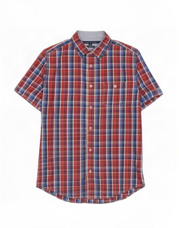Tommy Hilfiger Herren Kurzarm-Hemd mit individueller Passform, mittelrot, kariert, Baumwolle
