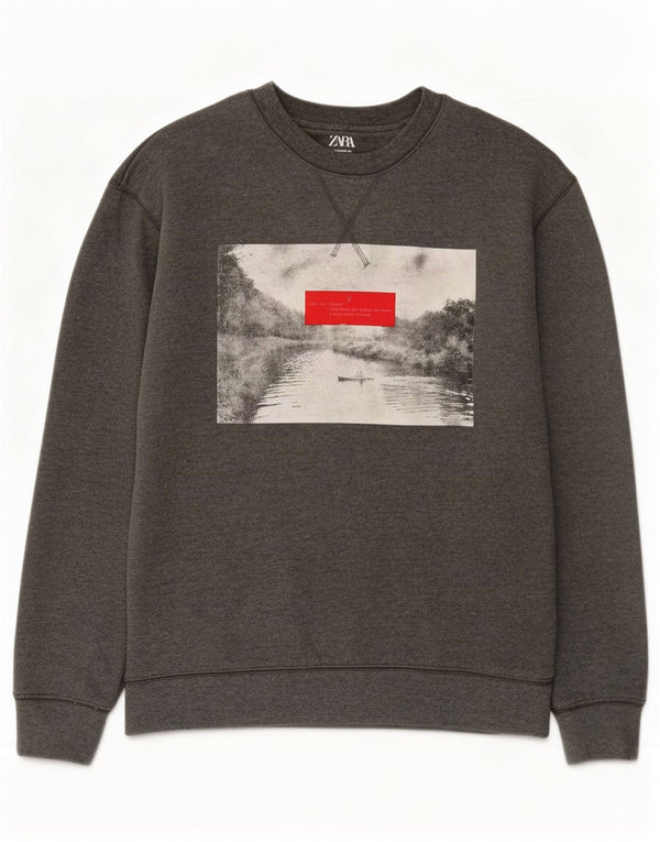 Zara Herren-Sweatshirt mit Grafik, Größe S, graue Baumwolle