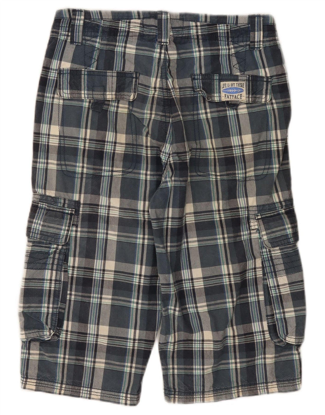 FAT FACE Cargo-Bermudashorts für Jungen, 12–13 Jahre, W26, blau karierte Baumwolle