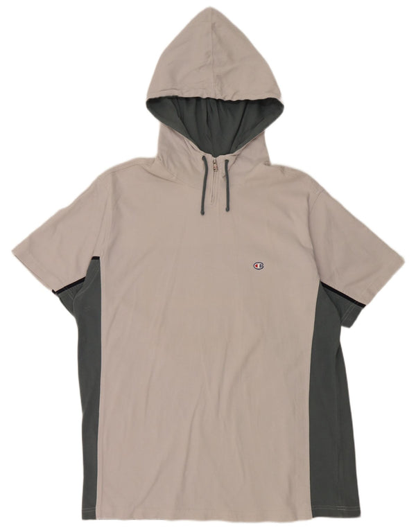 CHAMPION Herren-T-Shirt mit Kapuze und Reißverschluss am Hals, 2XL, weiße Farbblock-Baumwolle