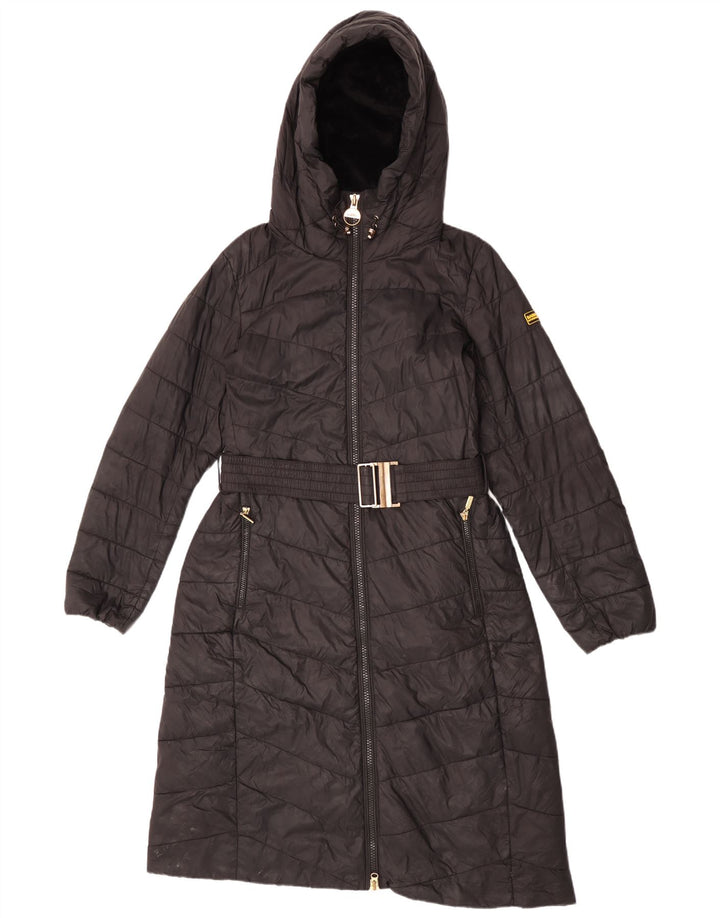 Barbour Wattierte Damenjacke mit Kapuze, Größe 12, schwarzes Polyamid