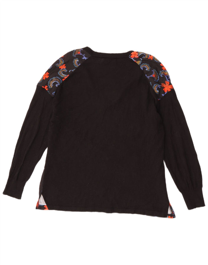 Zara Damen Top Langarm UK 14 Mittelschwarze geblümte Wolle