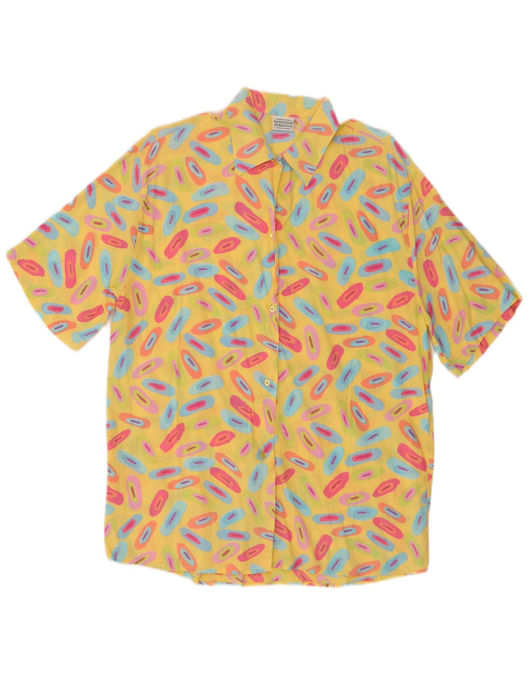 Benetton Damen-Kurzarm-Oversize-Hemd, Gr. 10, klein, gelb, geometrisch