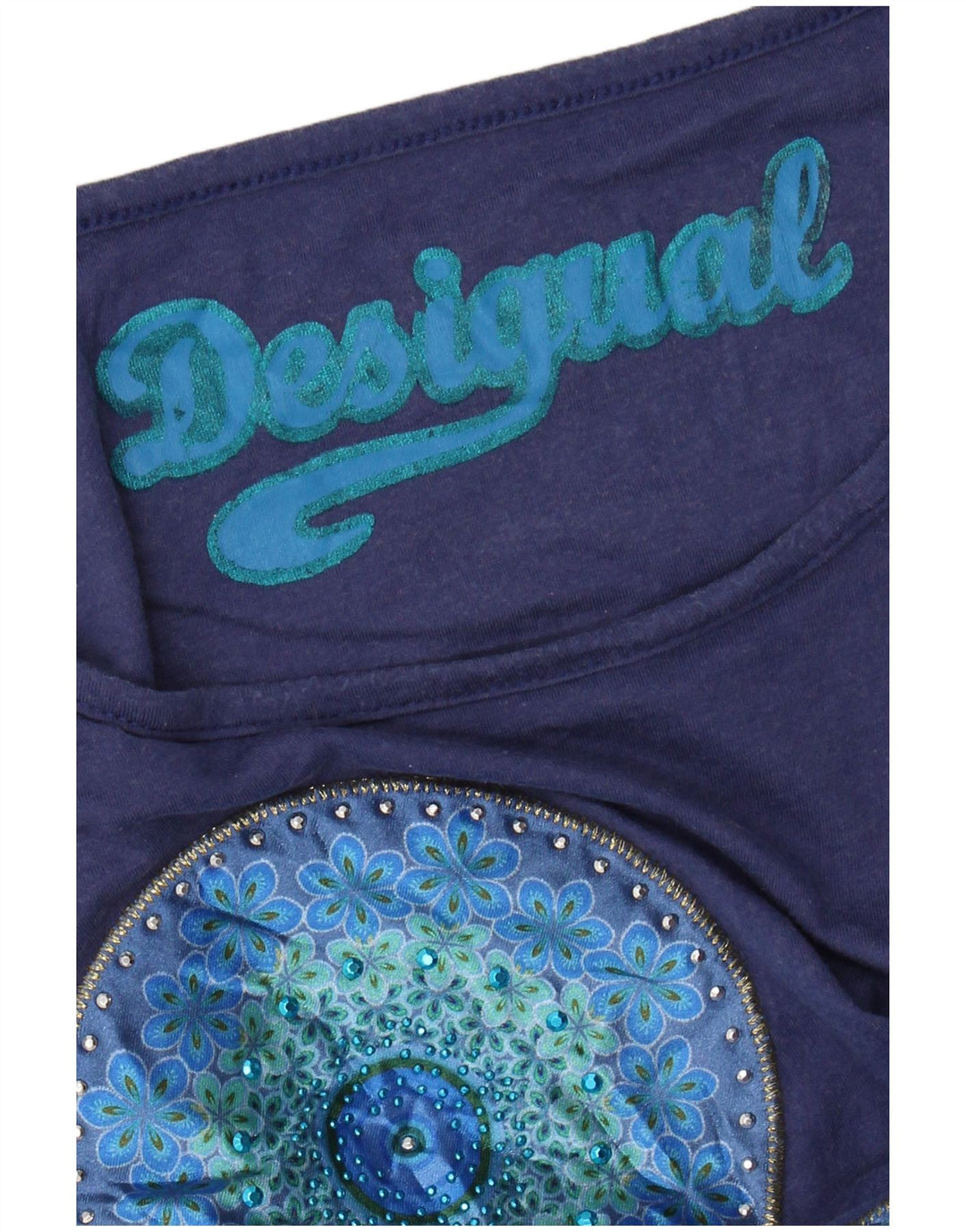 DESIGUAL Damen Grafik-T-Shirt-Oberteil UK 12 Medium Marineblau mit Blumenmuster