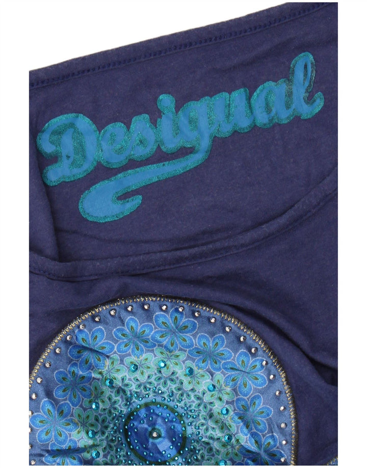 DESIGUAL Damen Grafik-T-Shirt-Oberteil UK 12 Medium Marineblau mit Blumenmuster
