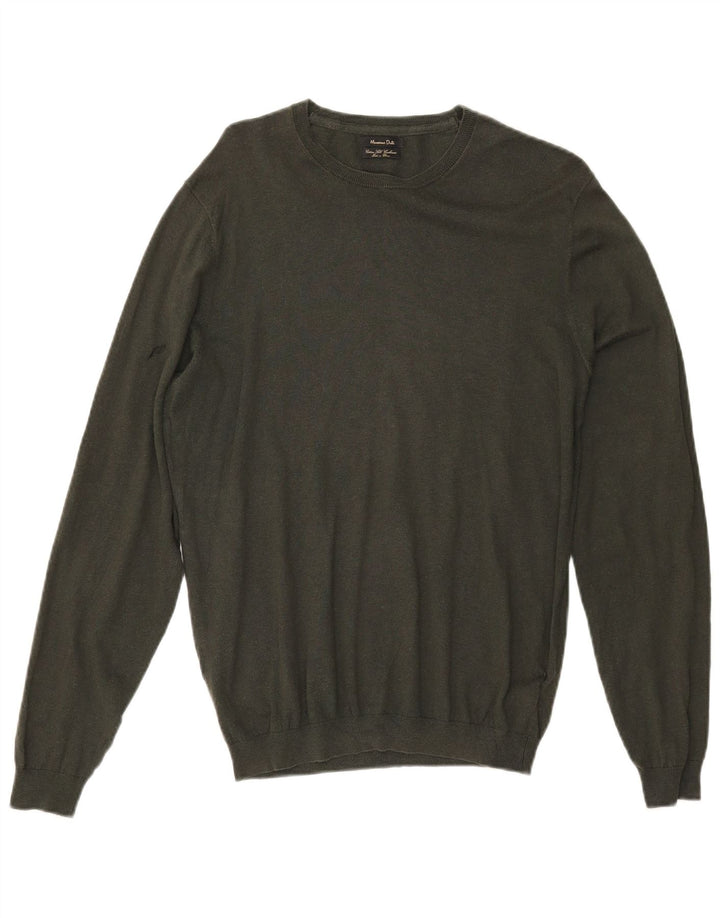 MASSIMO DUTTI Herren-Pullover mit Rundhalsausschnitt, groß, Khaki, Baumwolle
