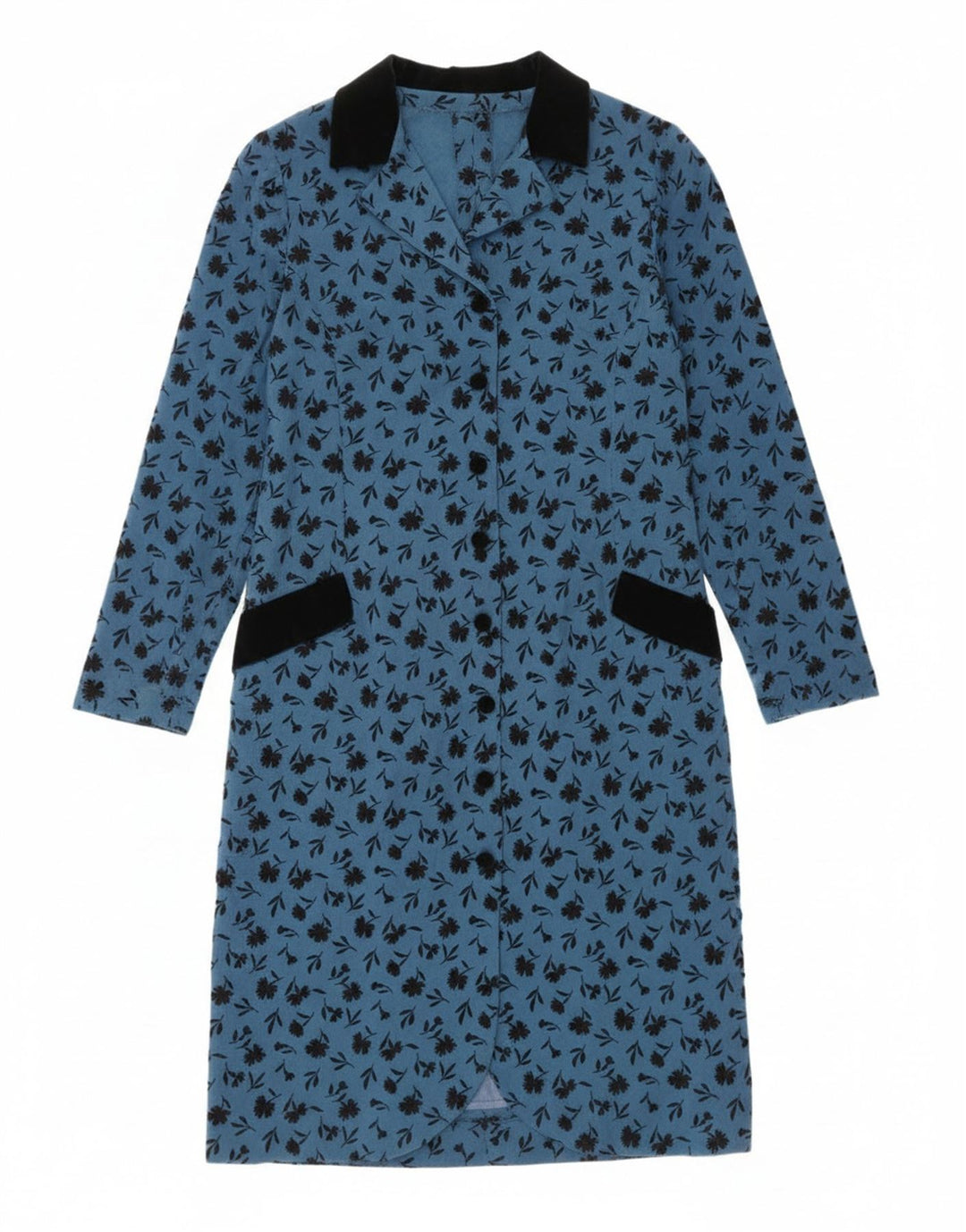 Vintage Damen Langarm-Etuikleid UK 14 Mittelblau geblümt