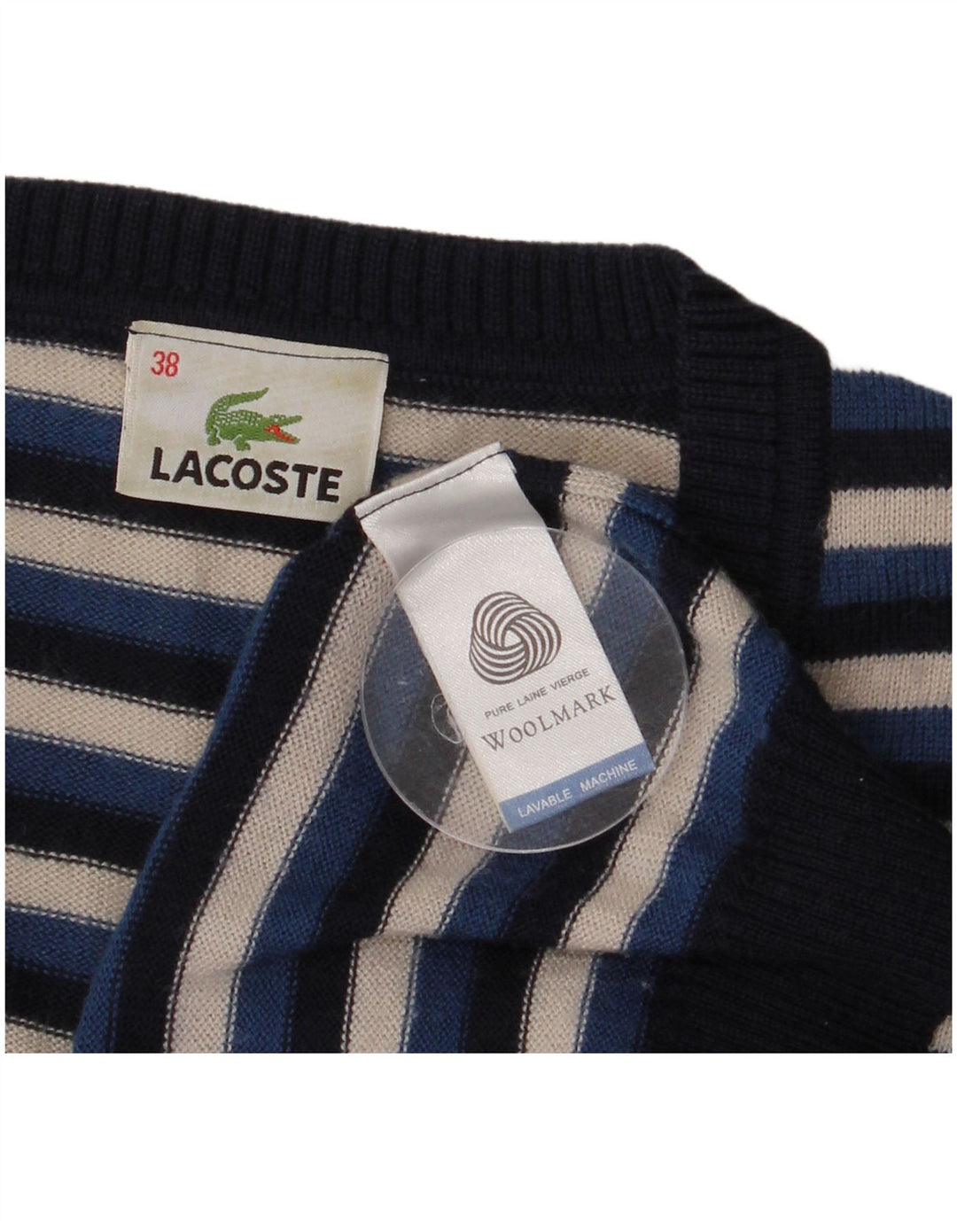 Lacoste Damen-Pullover mit V-Ausschnitt, Größe 38, mittelblaue, gestreifte Wolle