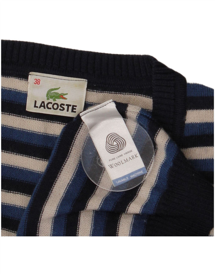 Lacoste Damen-Pullover mit V-Ausschnitt, Größe 38, mittelblaue, gestreifte Wolle