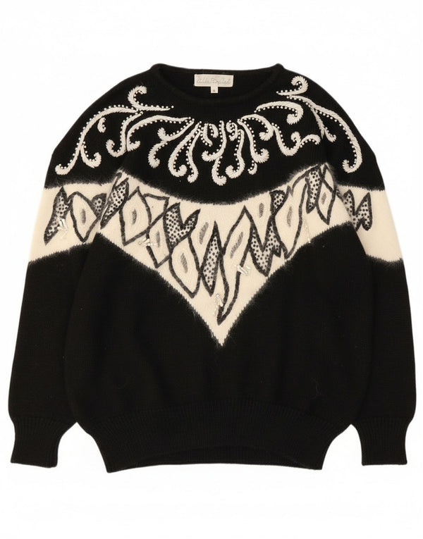 Vintage Damen Pullover mit U-Boot-Ausschnitt, UK 18 XL, schwarze Paisley-Wolle