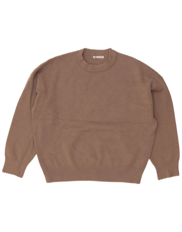 Zara Herren-Pullover mit Rundhalsausschnitt, groß, braune Viskose