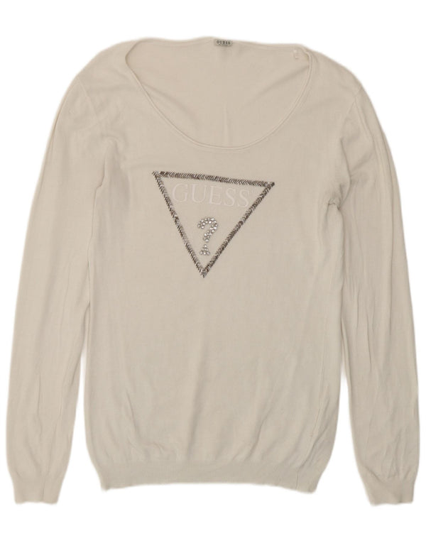 Guess Damen-Pullover mit grafischem U-Boot-Ausschnitt, UK 16, Größe L, weiße Viskose