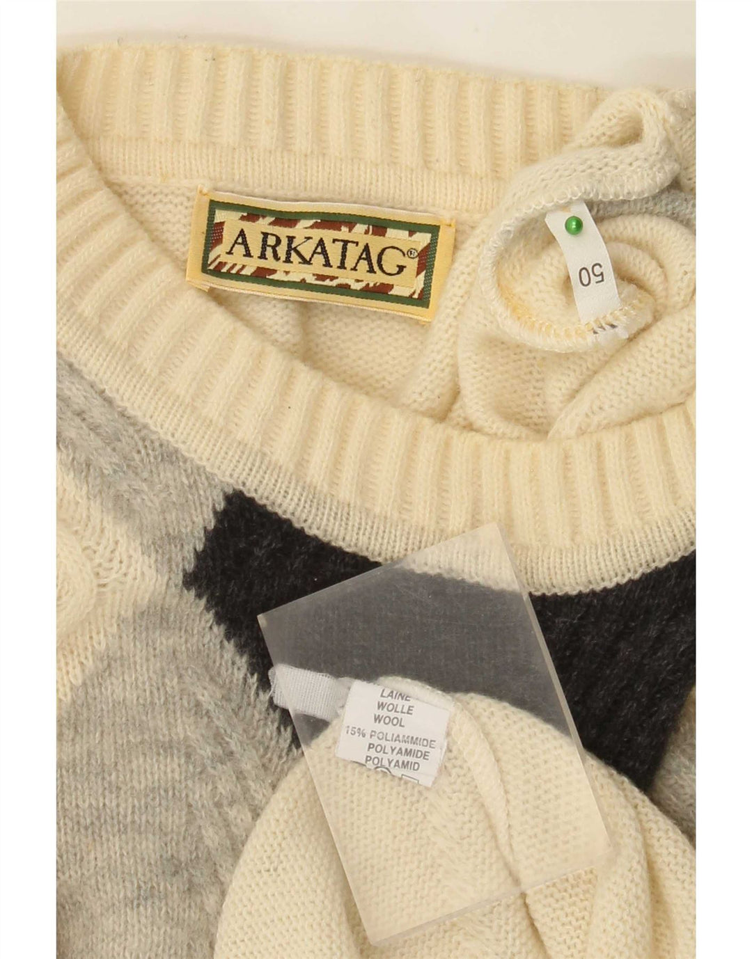 Vintage Herren Pullover mit Rundhalsausschnitt IT 50 Medium Off White Argyle/Diamant