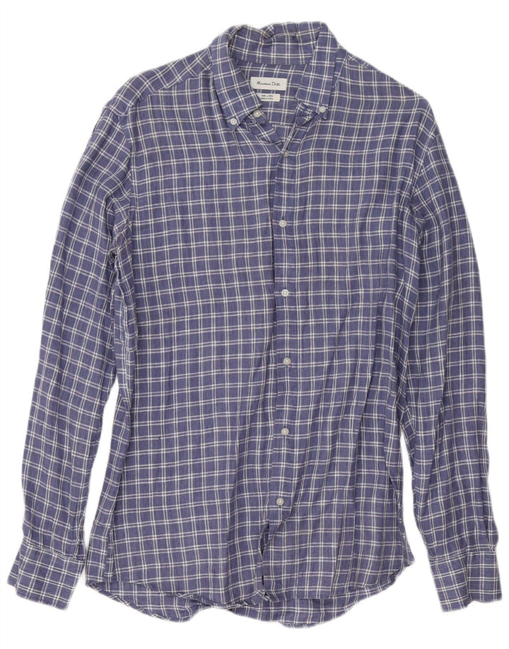 Massimo Dutti Herrenhemd Mittelblau kariertes Leinen