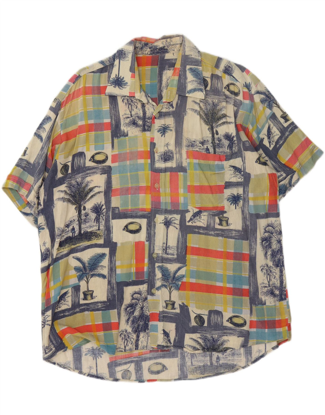 Vintage Herren Kurzarmhemd Großes Mehrfarbiges Patchwork