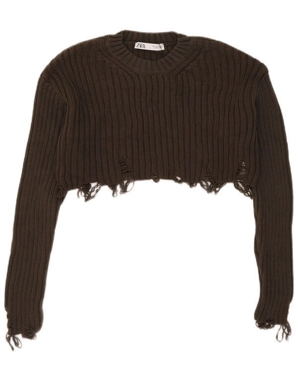 Zara Damen Crop Distressed Crew Neck Pullover Pullover UK 10 Small Khaki
