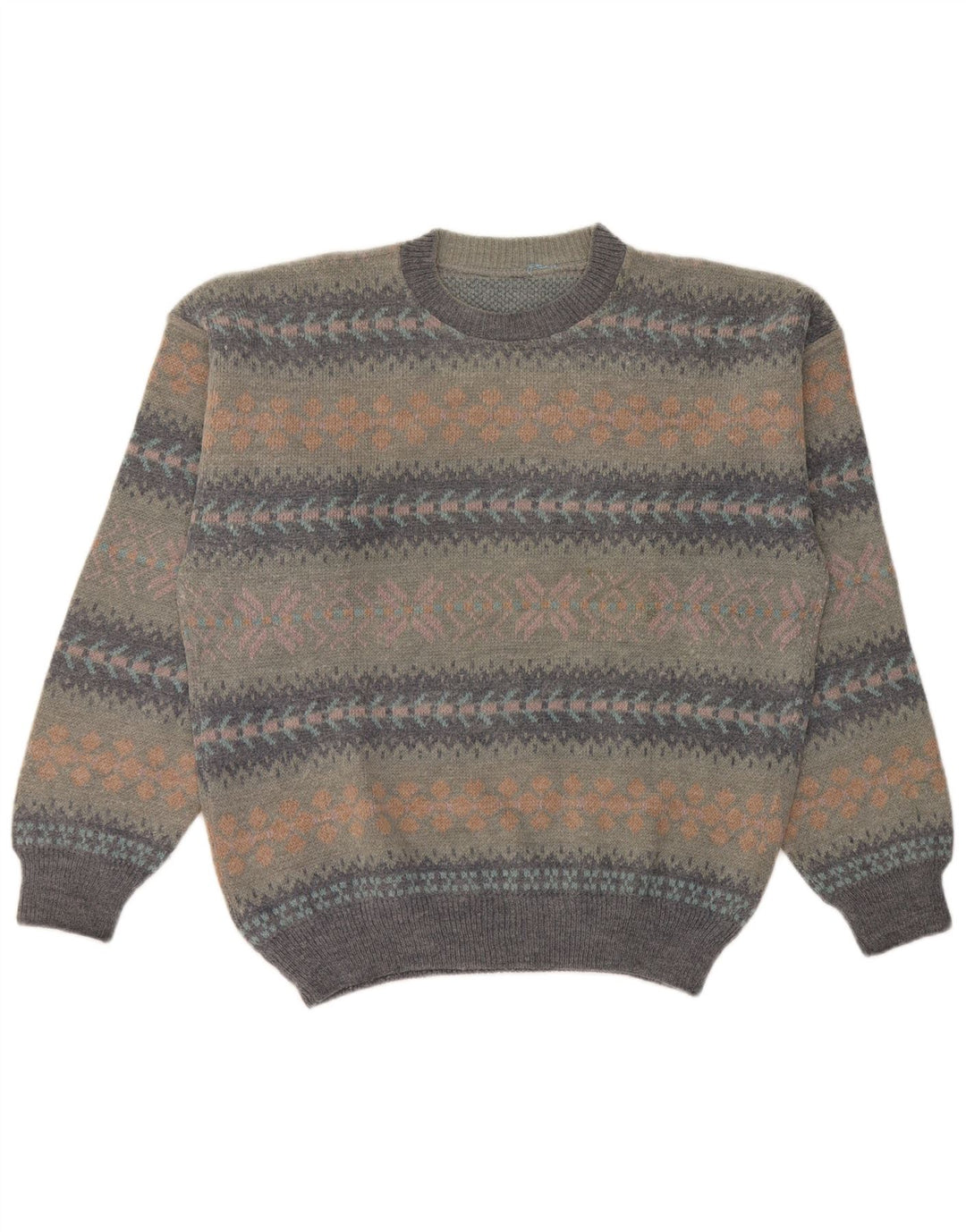 Vintage Herren-Pullover mit Rundhalsausschnitt, groß, graue Fair-Isle-Wolle