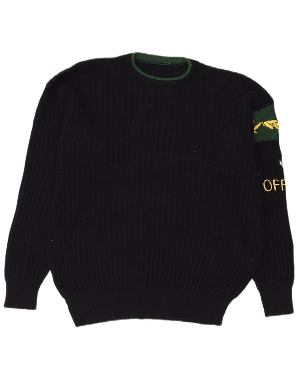 VINTAGE Herren-Pullover mit grafischem Rundhalsausschnitt, XL, marineblaue Wolle