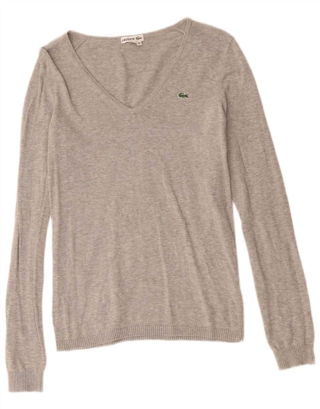 Lacoste Damen-Pullover mit V-Ausschnitt, Größe 36, kleine grau gefleckte Baumwolle