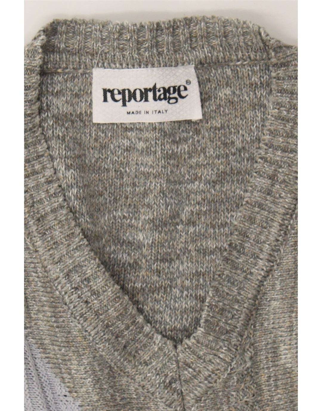 REPORTAGE Mens V-Neck Jumper Sweater IT 52 Large Grey Geometric Cotton Vintage Reportage and Second-Hand Reportage from Messina Hembry 