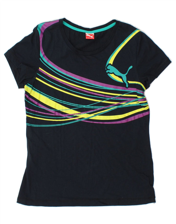 PUMA Womens Graphic T-Shirt Top UK 12 Medium Black Striped Vintage Puma and Second-Hand Puma from Messina Hembry 