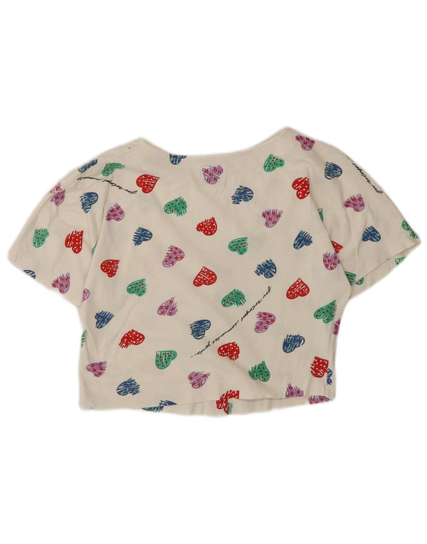 Benetton Womens Crop Short Sleeve Shirt Bluse UK 10 Small White Geometrisch