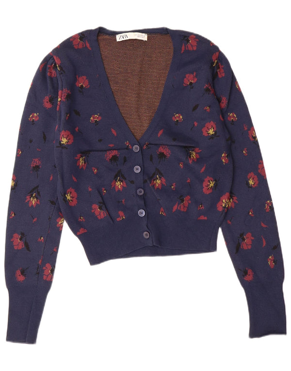 ZARA Damen Crop Cardigan Pullover UK 10 Small Navy Blue Floral Polyamid