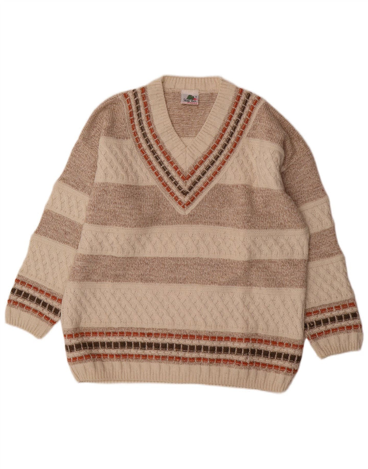 Vintage Herren V-Ausschnitt Pullover Pullover Mittelbeige gestreift Wolle