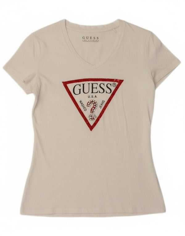 Guess Damen Grafik-T-Shirt-Oberteil UK 12 Medium Weiß