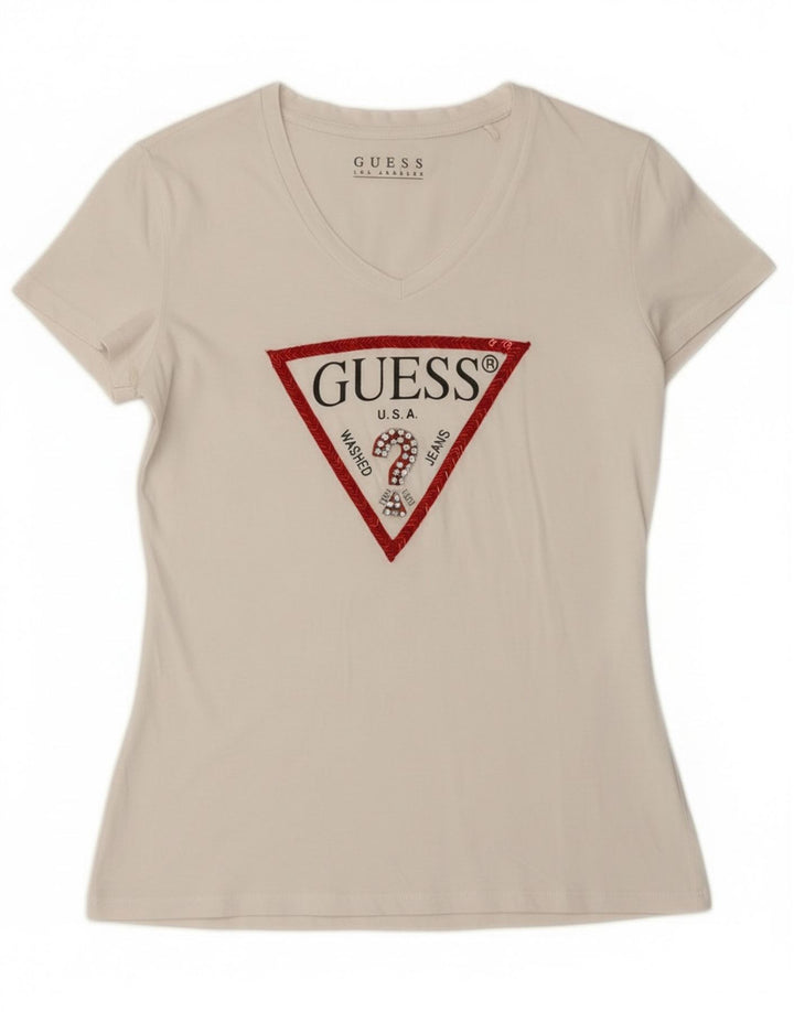 Guess Damen Grafik-T-Shirt-Oberteil UK 12 Medium Weiß