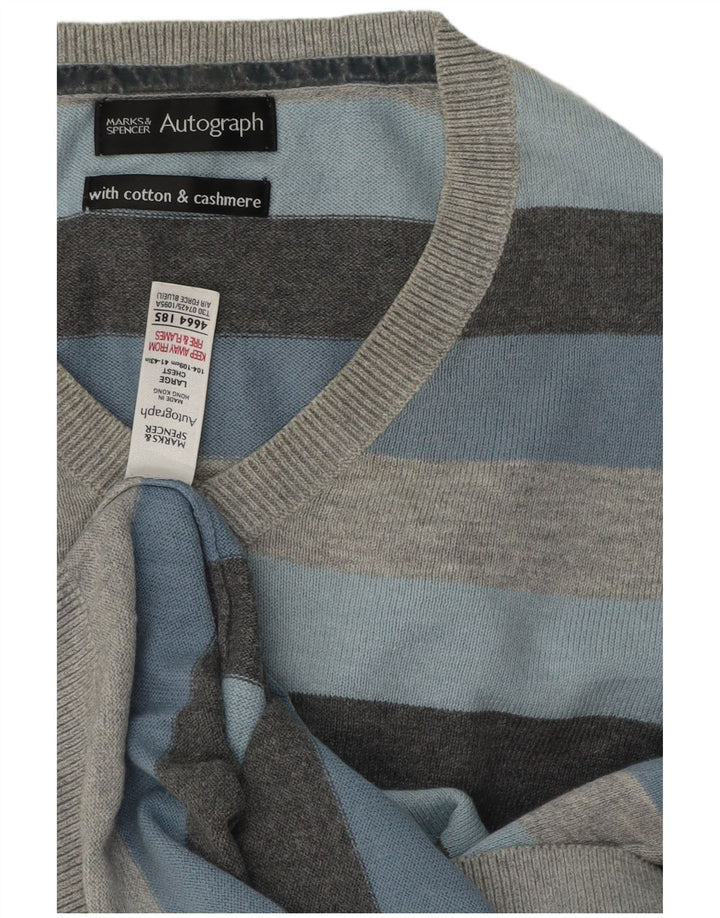 Marks & Spencer Herren Autograph Pullover mit V-Ausschnitt, groß, grau gestreift