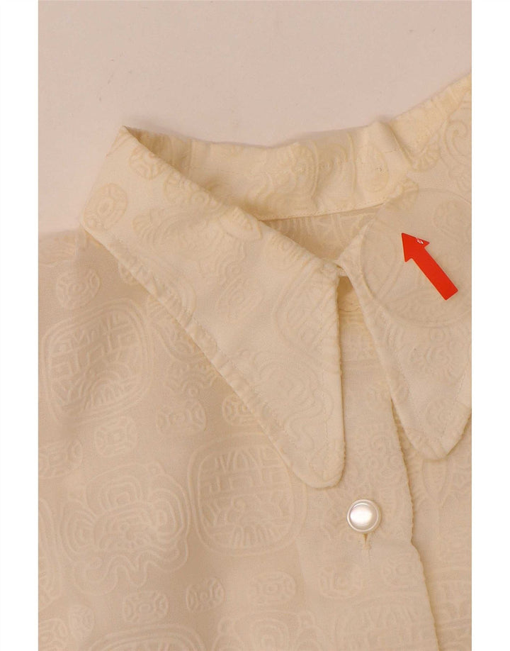 Vintage Damen Hemdbluse mit abstraktem Muster UK 14 Medium Off White