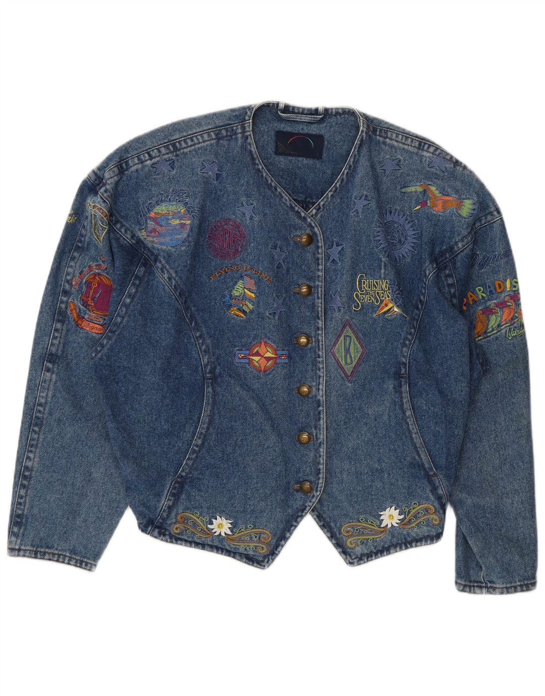 Bogner Damen Graphic Crop Denim Jacke UK 14 Mittelblau 90er Jahre