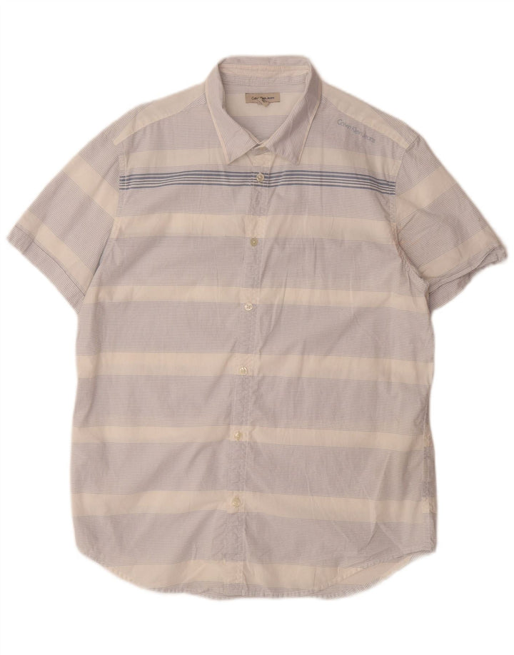 CALVIN KLEIN JEANS Herren Kurzarmhemd mittelblau gestreift aus Baumwolle