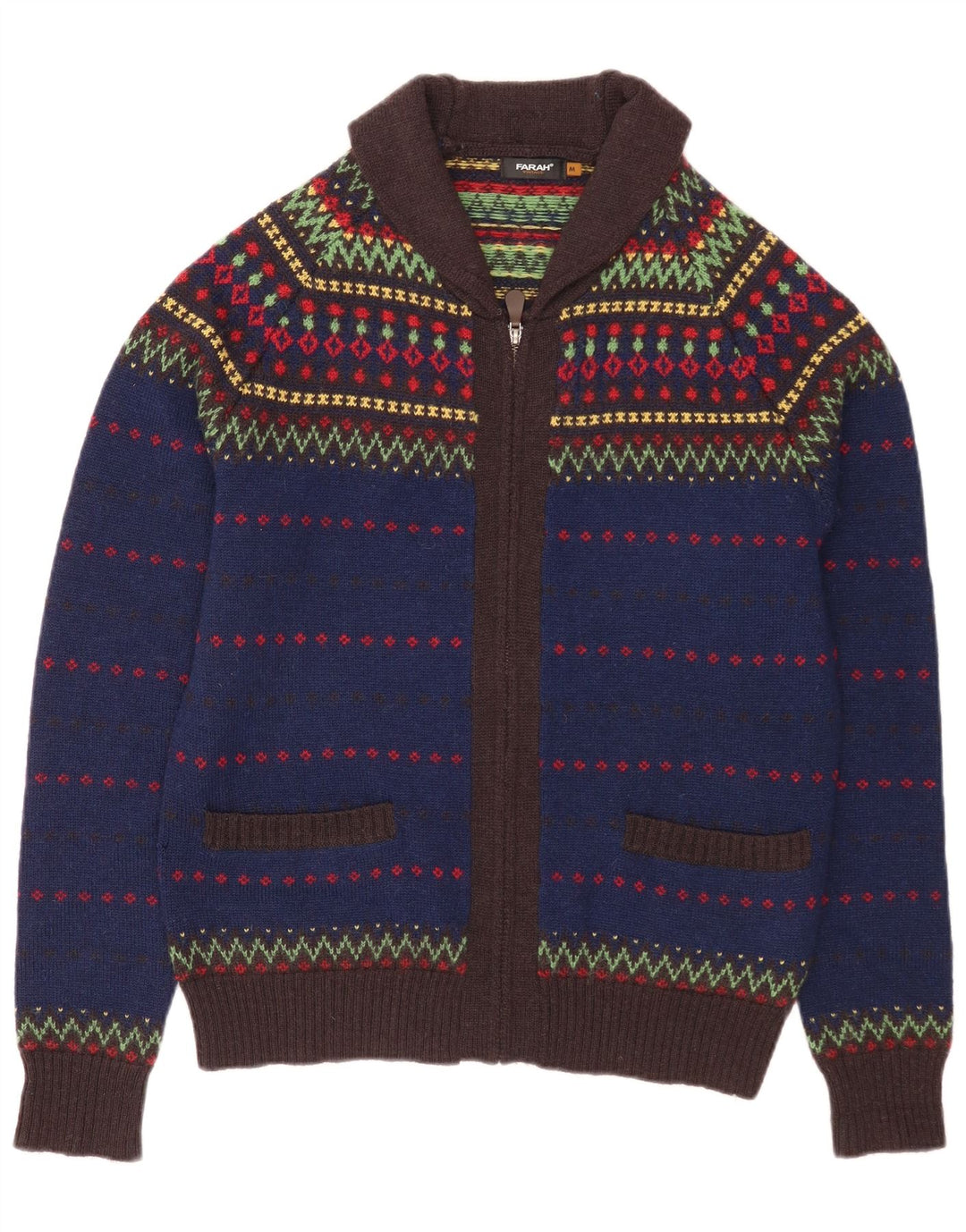 Farah Herren-Cardigan mit durchgehendem Reißverschluss, mittelblaue Fair-Isle-Wolle