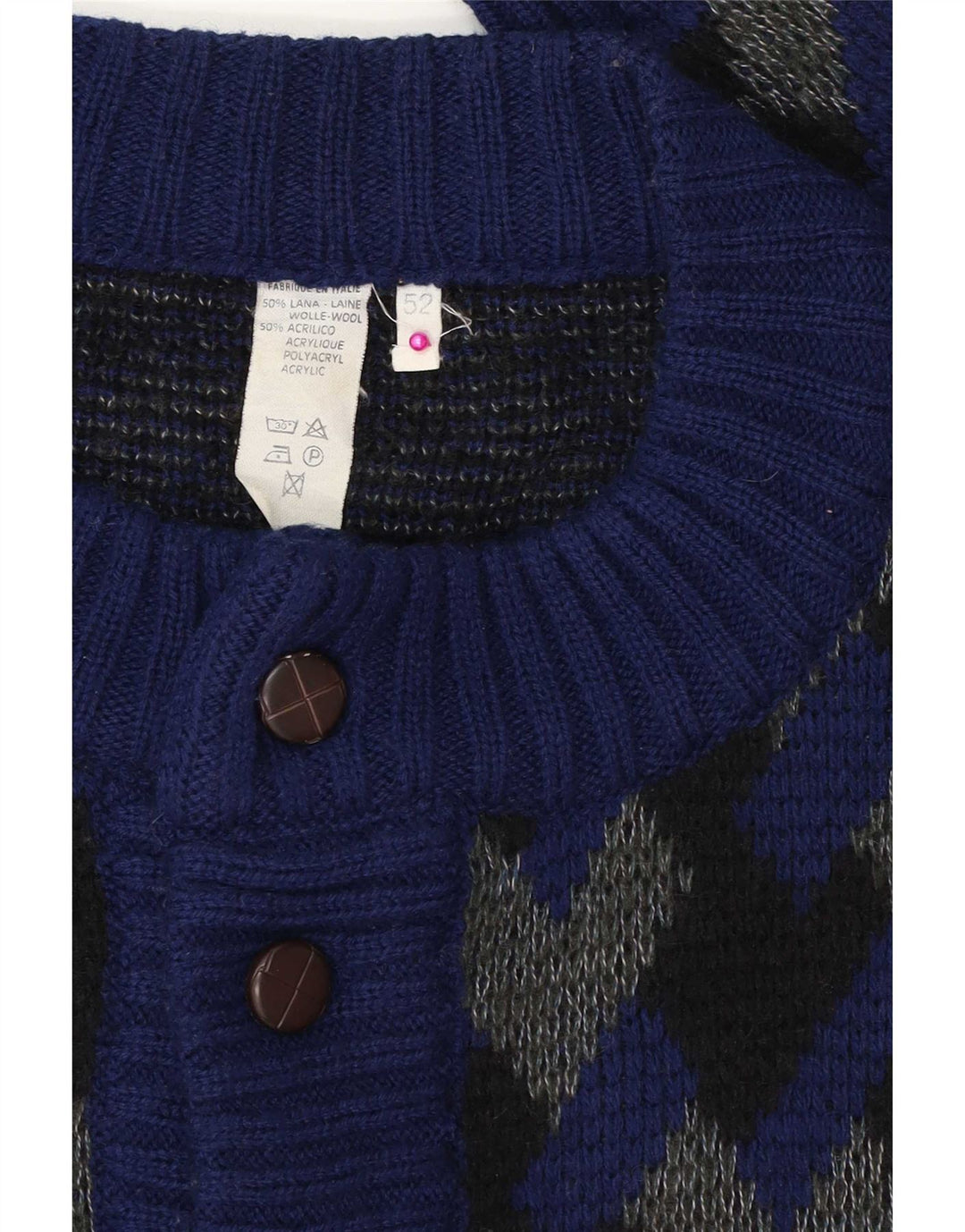 Vintage Herren Cardigan Pullover IT 52 Große marineblaue geometrische Wolle
