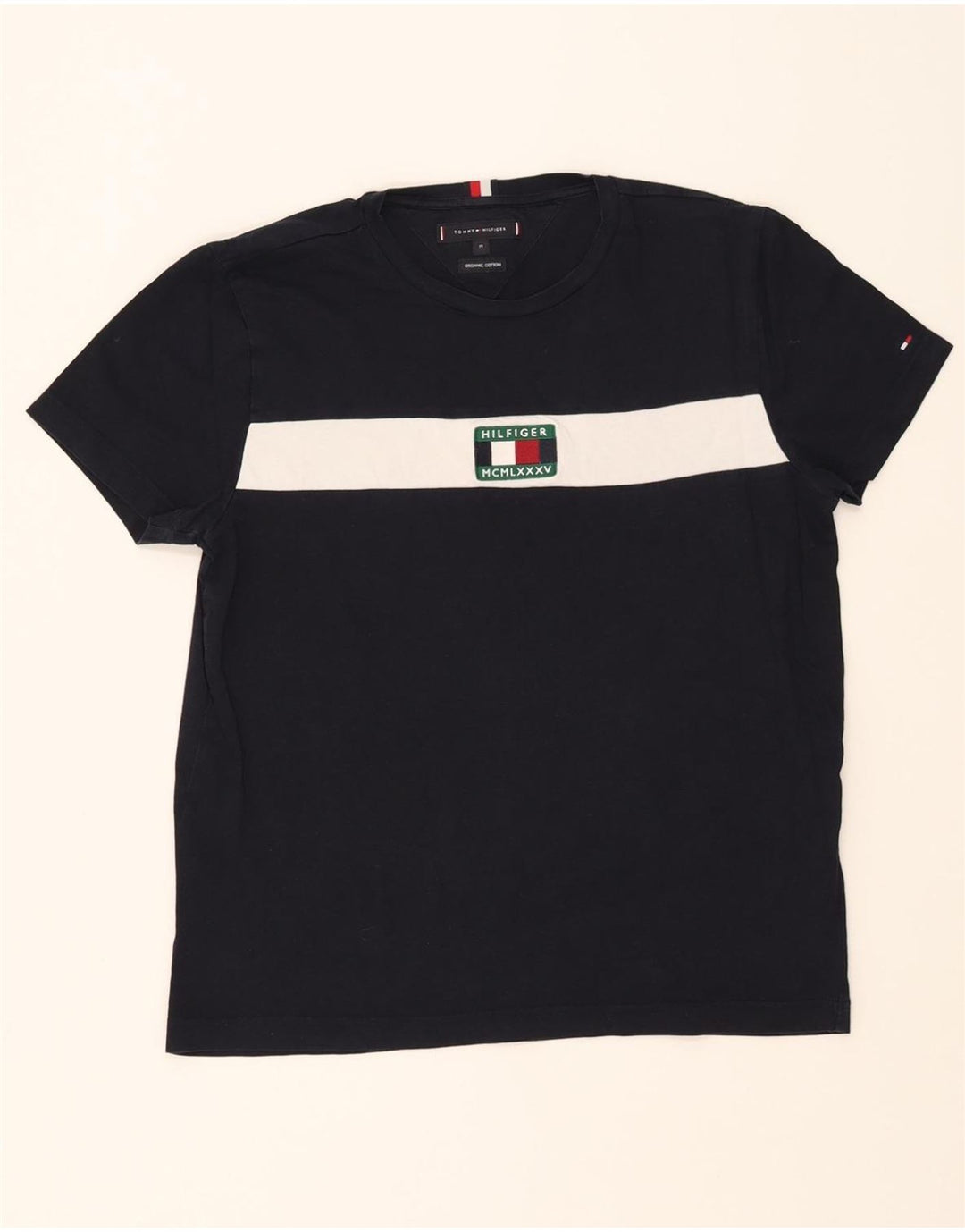 TOMMY HILFIGER Mens Graphic T-Shirt Top Medium Black Colourblock Cotton Vintage Tommy Hilfiger and Second-Hand Tommy Hilfiger from Messina Hembry 