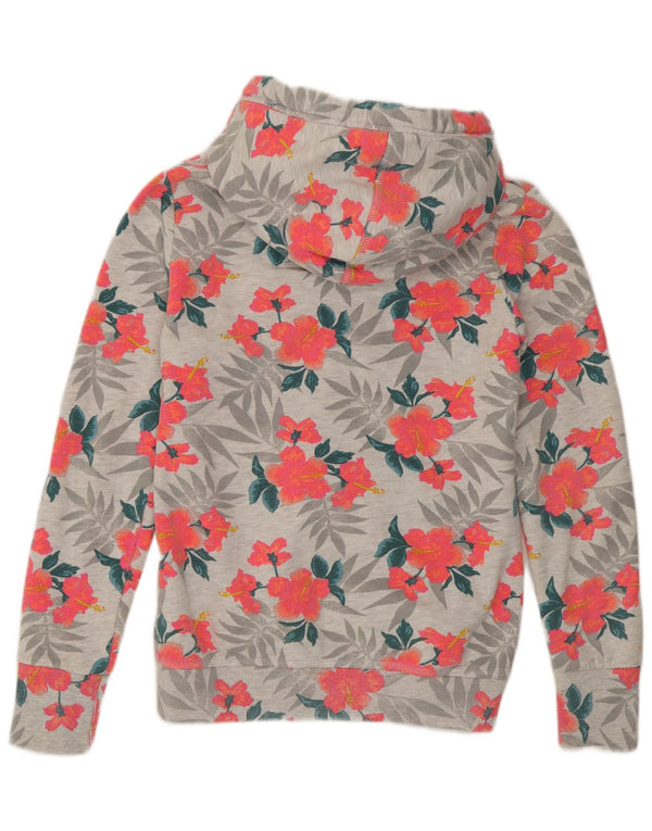 Superdry Damen-Kapuzenpullover mit Reißverschluss, UK 14, mittelgraue Baumwolle mit Blumenmuster